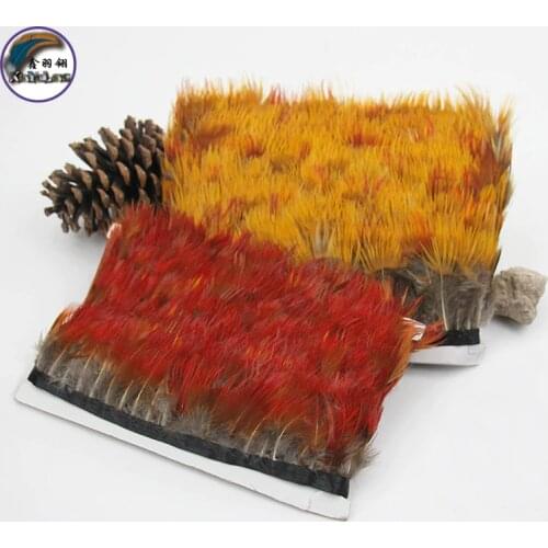 2-3.2 Inch(5-8 cm) Nature Yellow and Red Pheasant Feather Trims Fringe With Satin Ribbon Sewing Crafts Costumes Decoration