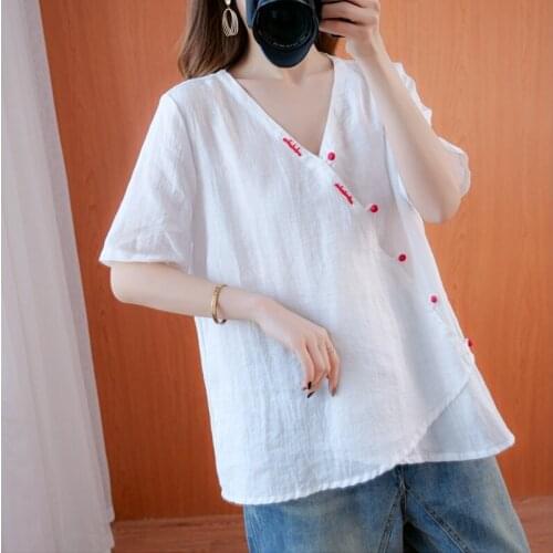 2020 Chinese Tops For Woman Summer Traditional Chinese Clothing Linen Shirts Loose Short Sleeve Plus Size Vintage Blouse 10411