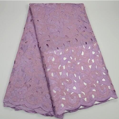 5yards/pc) high quality hand cut Swiss voile lace lilac purple African cotton lace fabric with stones for party dress OP43
