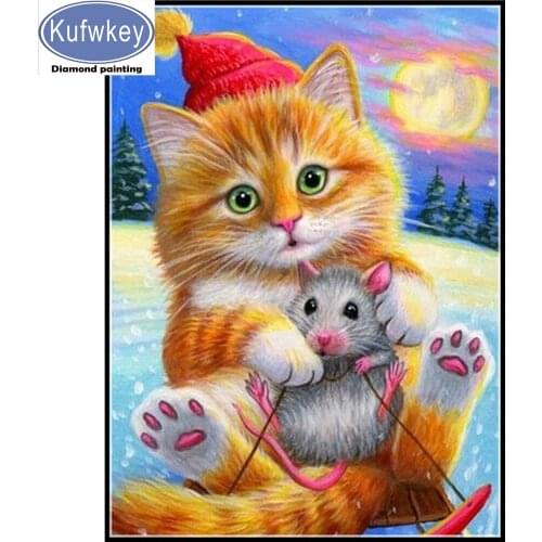 5D DIY Diamond Painting cartoon cat and rat Full square round resin Diamond Embroidery Rhinestone cute animals Home Decor