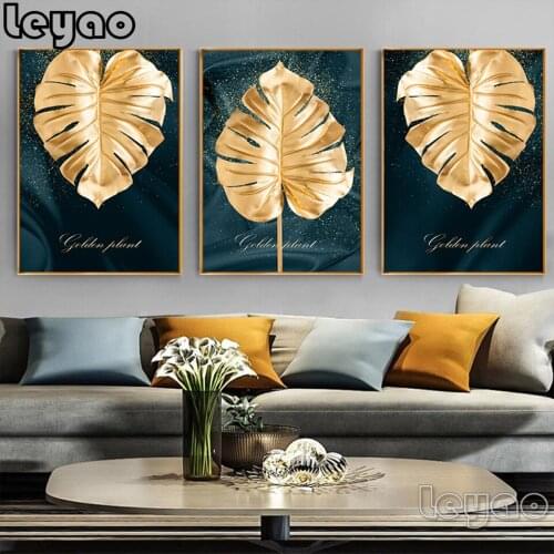 Nordic Style Plant Golden Leaves diamond painting full square round drill Triptych Painting Art Living Room Modern home Decor
