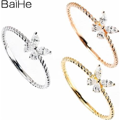 BAIHE Solid 14K Yellow Gold 0.16ct H/SI Marquise pear Natural Diamonds Wedding Fine Jewelry Gift Delicate Butterfly Diamond Ring