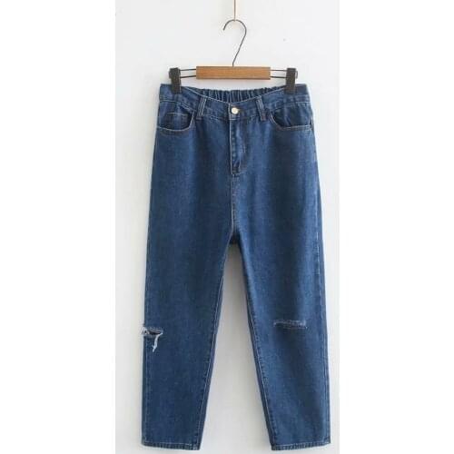 Plus Size Elastic Waist Jeans with Holes BF Style Vintage Long Denim Trousers