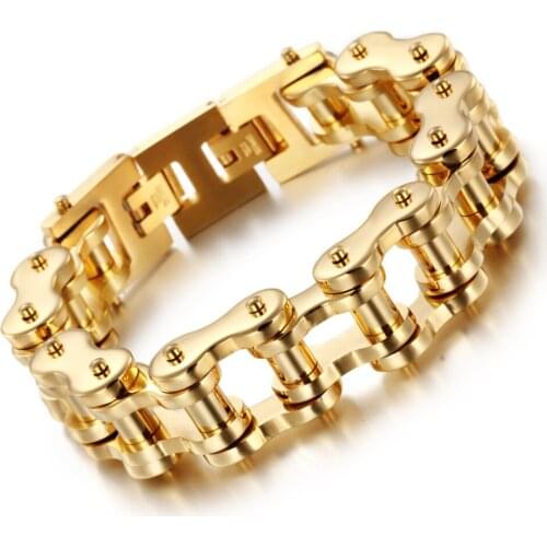 Hot 20mm/22mm Wide New Fashion Mens Stainless Steel Motorcycle Bike Bicycle Chain Design Bracelet Gold Tone Special Gift