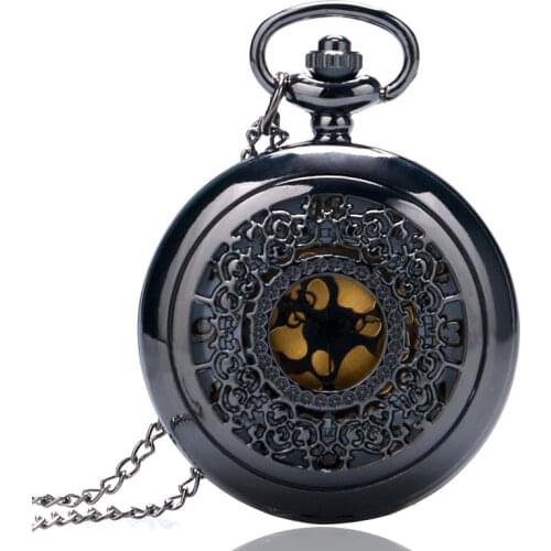 Charm Black Vintage Steampunk Elgent Grilles Case Quartz Pocket Watch Women Necklace Pendant with Chain Reloj De Bolsillo P240