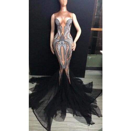 Black Mesh Trains Long Dress Performance Stretch Dance Dress Birthday Celebrate Outfit Nightclub Party Singer Costume Dress