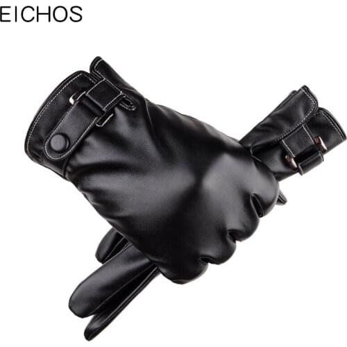 EICHOS Fashion PU Leather Gloves Men Windproof Outdoor Men Gloves Plus Velvet Soft Winter Warm Touch Screen Gloves for iphone