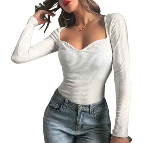 Women Long Sleeve T-shirt Ladies Sexy Solid Color Clothes Square Collar Bodycon Slim Tops Spring Autumn Soft Hot Sale Tee Tops