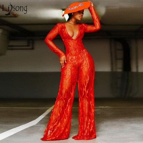 High Street Red Illusion Lace Jumpsuit 2021 Loose Long Prom Dresses Full Sleeves Sexy prom Gowns Fashion Party Dress Vestido