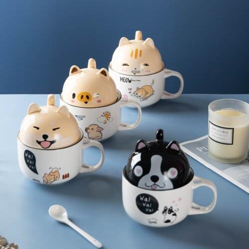 Ceramic Cup with Lid Spoon Shiba Inu Cute Coffee Mug Dog Cat Pig Personality Creative Trend Couple Cup Student Gift Cup