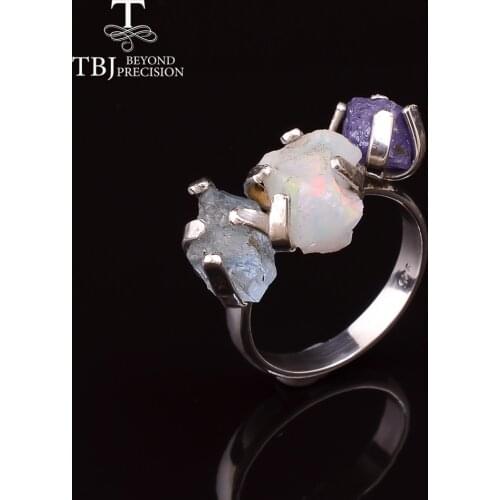 2020 handmade 5.3ct gemstone Rough Ring 3 stone natural opal brazil aquamarine natural tanzanite jewelry 925 sterling silver