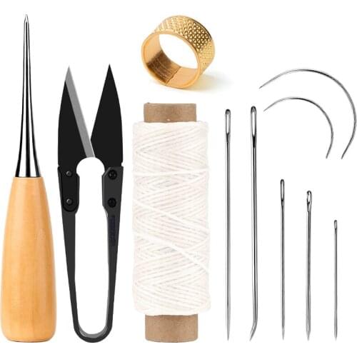 LMDZ 11PCS Leather Craft Stitching Set with Hand Sewing Needles Awl Waxed Thread for DIY Leather Craft Sewing Canvas Repair