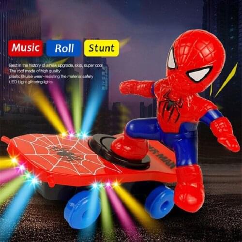 Marvel Spider-man Electric Music Toy Stunt Scooters Automatic Flip Rotation Skateboard Acousto-optic Car Toy Gift For Kids Boys
