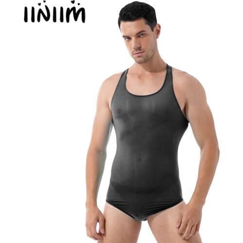 Mens Sheer Swimwear One-piece Jumpsuit Round Neck Sleeveless Bodysuit Underwear Wrestling Singlet Stretchy Leotard Swimsuit