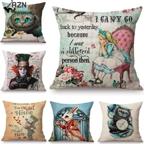 Alice in Wonderland Cushion Cover Cute Rabbit Cat Printed Sofa Throw Pillow Vintage Home Decorative Pillow Case