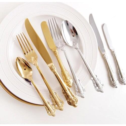 Retro Vintage Relief 304 Stainless Steel Tableware Set Knives Forks Teaspoon Golden Silver Luxury Dinnerware Cutlery Set 4pcs