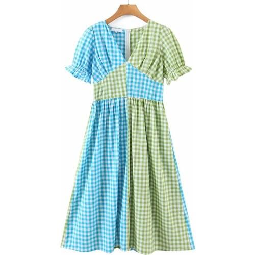 YENKYE Vintage Hit Color Patchwork Plaid Dress Women V Neck Short Sleeve A-line Midi Dress Female Summer Holiday Casual Vestido