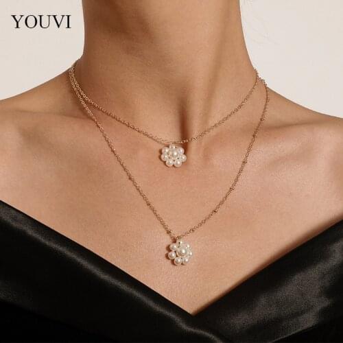 YOUVI Kpop Pearl Choker Chain Necklace For Women Cute Double Layer Pearl Flower Pendant Necklace Jewelry Collier Femme Girl Gift