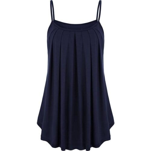 2019 Ladies Spaghetti Strap Lace Trim Chiffon Sling Blouses Casual Solid Color V-Neck Sleeveless Soft Stretch Pleated Shirts #DF