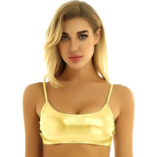 Women Shiny Metallic Spaghetti Straps Deep U Neck Crop Top Adult Nightclub Party Festival Rave Pole Dance Costume Sexy Tops