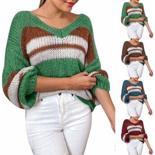 2021 Autumn and Winter New Loose Large Size V-Neck Knitted Pullover Womens Fashion Casual Color-Blocking Sweater Acrylic