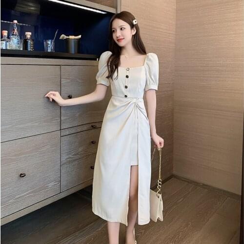 Elegant French Irregular Dress Women Buttons Long Vintage Slim Chic Work Office Lady Dresses 2020 Summer Short Sleeve Vestidos