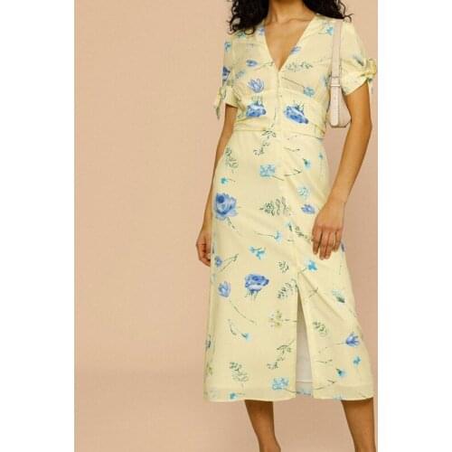 Women Slit Yellow Midi Dress V-neck Floral Print Single Breasted Bow Short-sleeve Female Holiday Style Robe