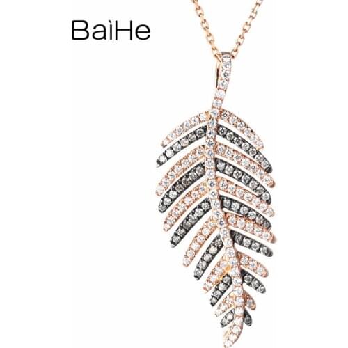 BAIHE Solid 14K Rose Gold+Black Gold Round White diamonds+champagne drills Women Trendy Wedding Fine Jewelry feathers Pendant