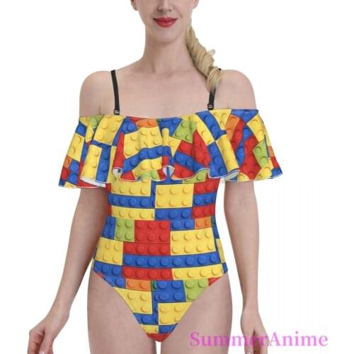 Bikinis Colorful Bricks Exotic 2021 Women Flounce Swimsuit high Waist womens top Game Comic 80s Beach wear