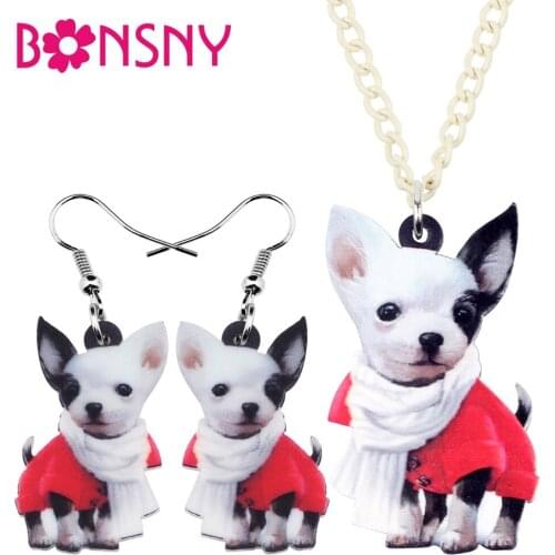 Bonsny Acrylic Jewelry Sets White Scarf Chihuahua Dog Necklace Earrings Fashion Pendant For Women Girls Gift Decoration NE+EA