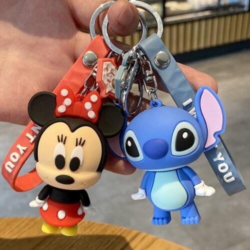 Disney Keychain Mickey Mouse Minnie Pooh Bear Stitch Pvc Cartoon Animal Anime Action Figure Model Doll Pendant Gift Girl Toys