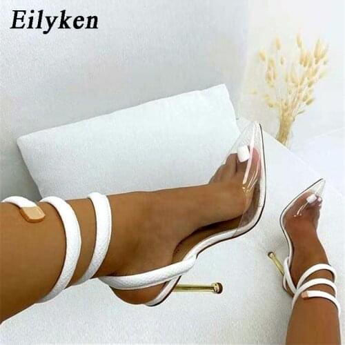 Eilyken New Fashion Snake Print Leather Twining Ankle Design Women Pumps PVC Transparent Pointed Toe Stiletto Heels Sexy Shoes
