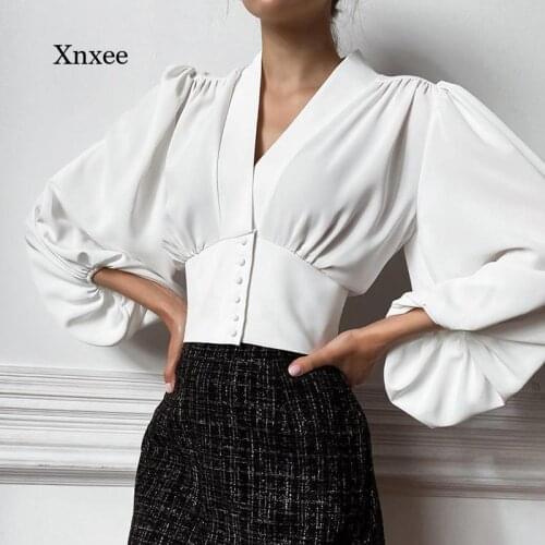 Elegant Chiffon Blouse Women Streetwear Lantern Sleeve Slim Short Shirt Crop Top Buttons Sexy Deep V neck Chic Tunic Blouse Tops