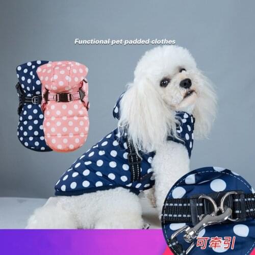 Dog Clothes Polka Dot Hooded Dog Cotton-padded Jacket with Chest Back Traction Winter Warm Pet Jacket