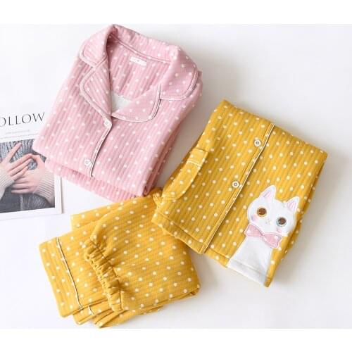 2021 Autumn Winter Thick Cotton Pajamas For Women Thermal Sleepwear Female Cute Cat Long Sleeve Loungewear Dot Printed Homewear