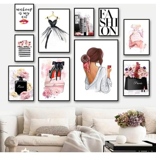 Paris Perfume Lipstick High Heels Fashion Girl Art Canvas Painting Nordic Posters And Prints Wall Pictures Bedroom Bar Decor
