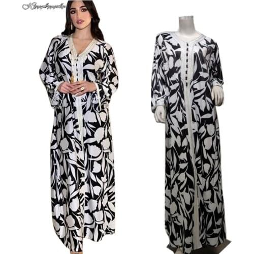 African Maxi Dresses Ramadan Long Sleeve Robe for Muslim Islamic Women Black Printed Loose Kaftan Abaya Turkish Vestidos Dress