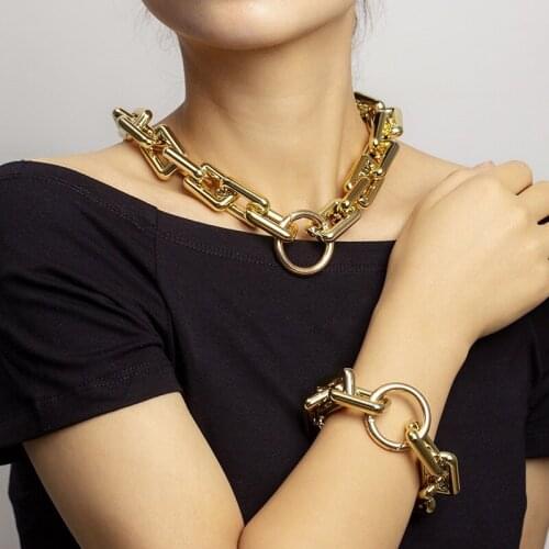 Steampunk Popular Geometric Chain Necklace Bracelet for Women Statement Gold Color Round Choker Collar Vintage Jewelery Set E106