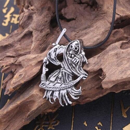 Hot Punk Necklace Men Sickle Death Scythe Pendant Necklace Leather Rope Vintage Metal Necklace Chain Jewelry For Man Women