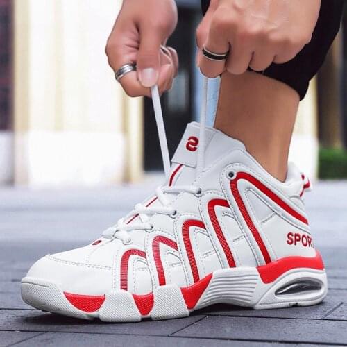 Plus Size PU Leather Outdoor Cushion Running Man Air Sneakers Man Sport Shoes Mens Sports Shoes White Red Kids Trainers E-1353