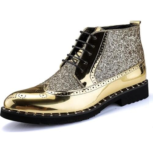 Luxury Brand Design Mens Dress Shoes Gold PU Leather Ankle Boots Fashion Sequined Formal Shoes Lace-up Footwear Plus Size 48