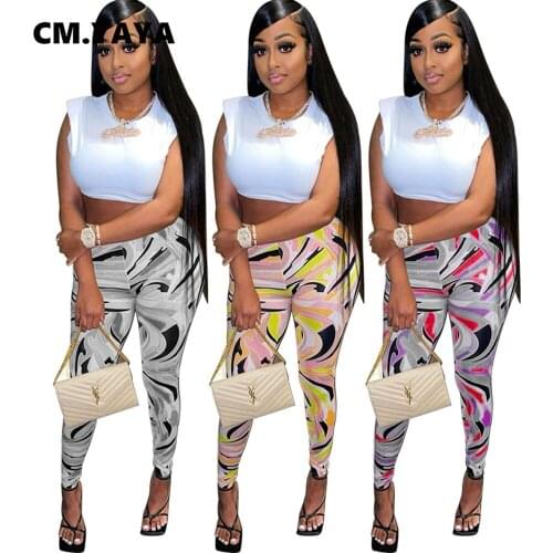 CM.YAYA Summer Sets Solid Sleeveless Shoulder Pads O-neck Crop Tops Print Empire Sheath Elastic Long Pants 2 Piece Set Summer