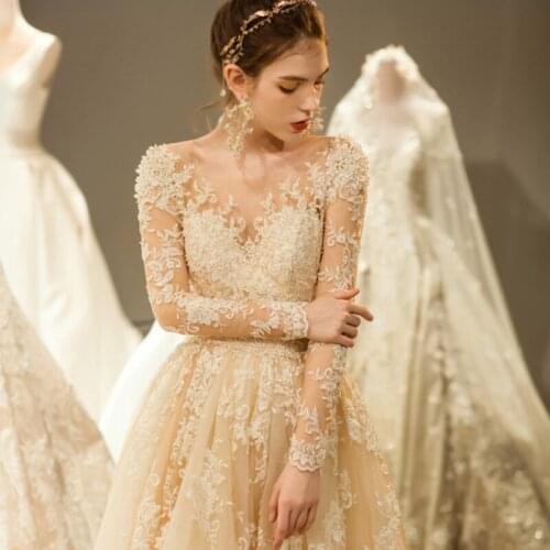 Custom Made Wedding Dresses A-line Long Sleeve Tulle Lace Appliques Sexy Vintage Luxury Wedding Gowns 2020 New Fashion HS16