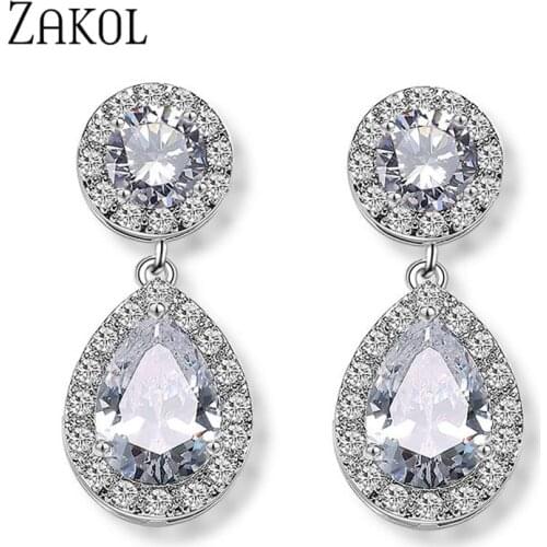 ZAKOL Classic Sliver Color Water Drop Shaped Cubic Zirconia Crystal Earrings For Women Romantic Wedding Jewelry For Brides