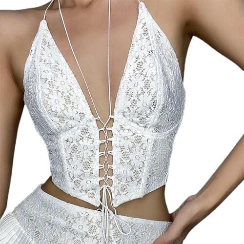 Women Lace-up Camisole Sexy Sleeveless Halter Neck Solid Color Floral Lace Crop Cami Tops