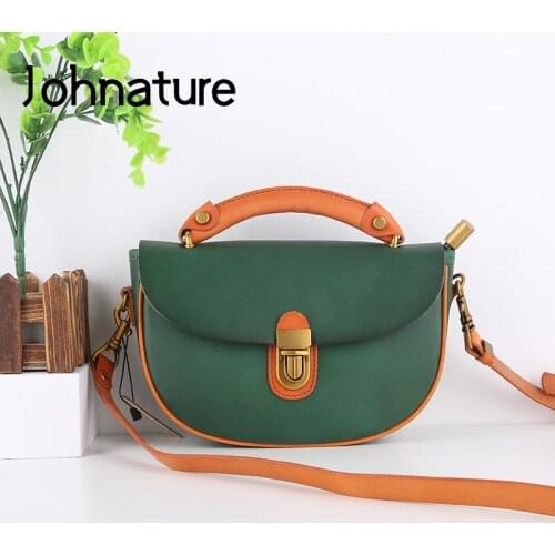 Johnature Retro Handbag Genuine Leather Women Bag 2021 New Simple Nature Soft Cowhide Leisure Shoulder & Crossbody Bags