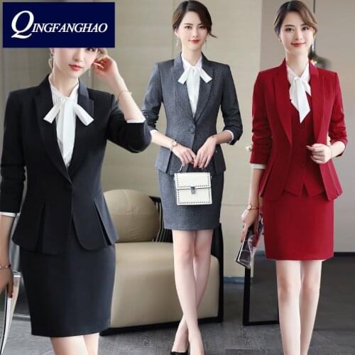 Women Office Wear high quality long sleeve Blazer And Pant Or Skirt Set Ladies work wear set more size Business suit 8812