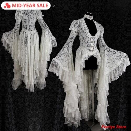 Imily Blea Vintage Dress Women Medieval Lace Flare Sleeve High Waist Asymmetrical Ruffle Maxi Dress Femme Victoria Long Vestidos