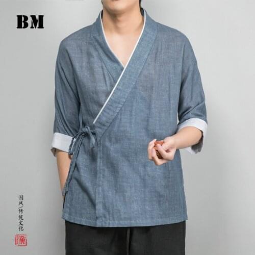 2021 Chinese Traditional Dress Summer Tether Cotton Linens Short Sleeve Hanfu China Plus Size Thin Tops Shirt Men Clothing