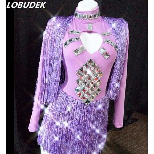 6 Colors Sparkly Crystals Long Sleeve Purple Bodysuit Nightclub Party Women Teams DJ Jazz Dance Costume Bar Singer Show Jumpsuit